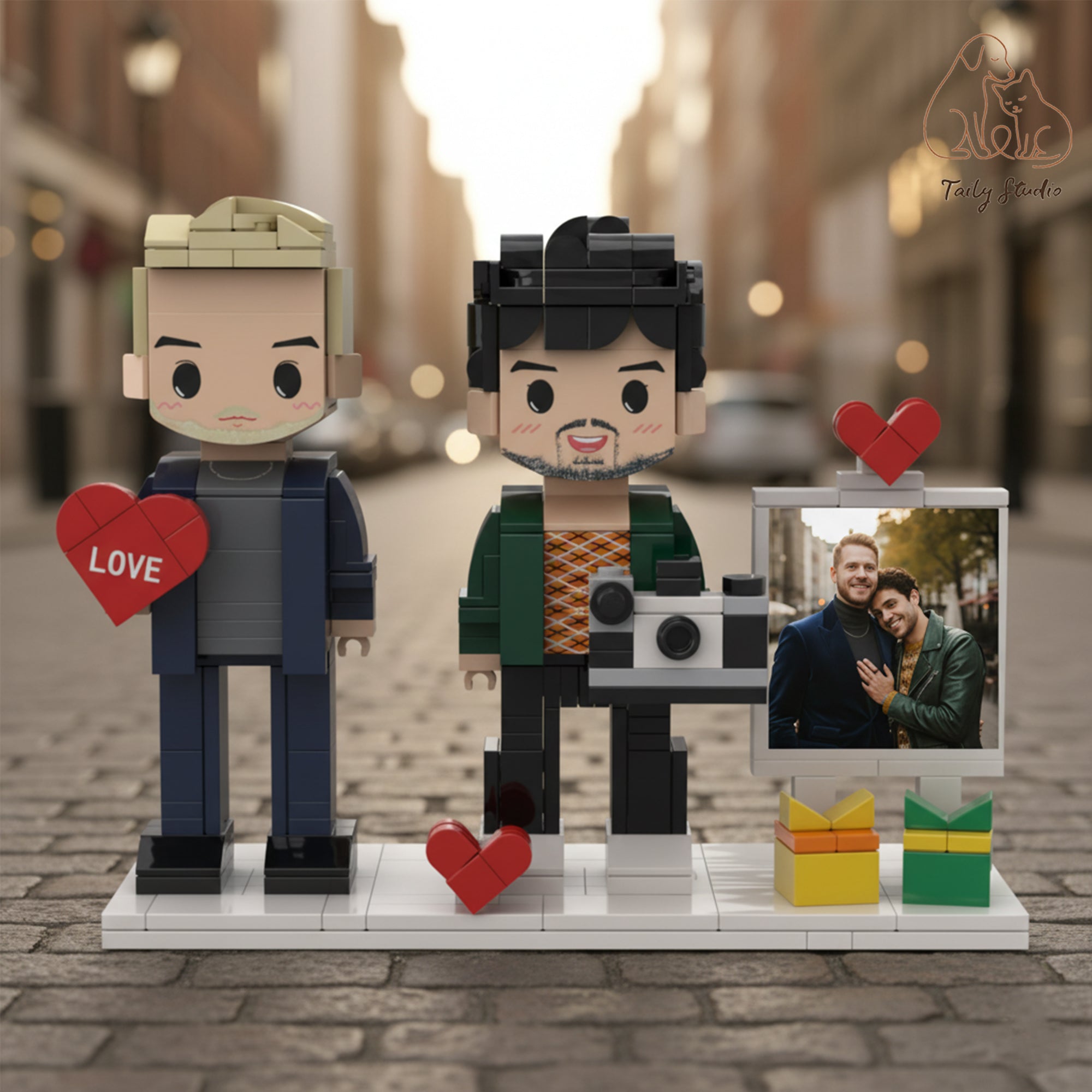 Personalized Brick Couple Figurines with Photo Display - Birthday Valentine Anniversary Gift