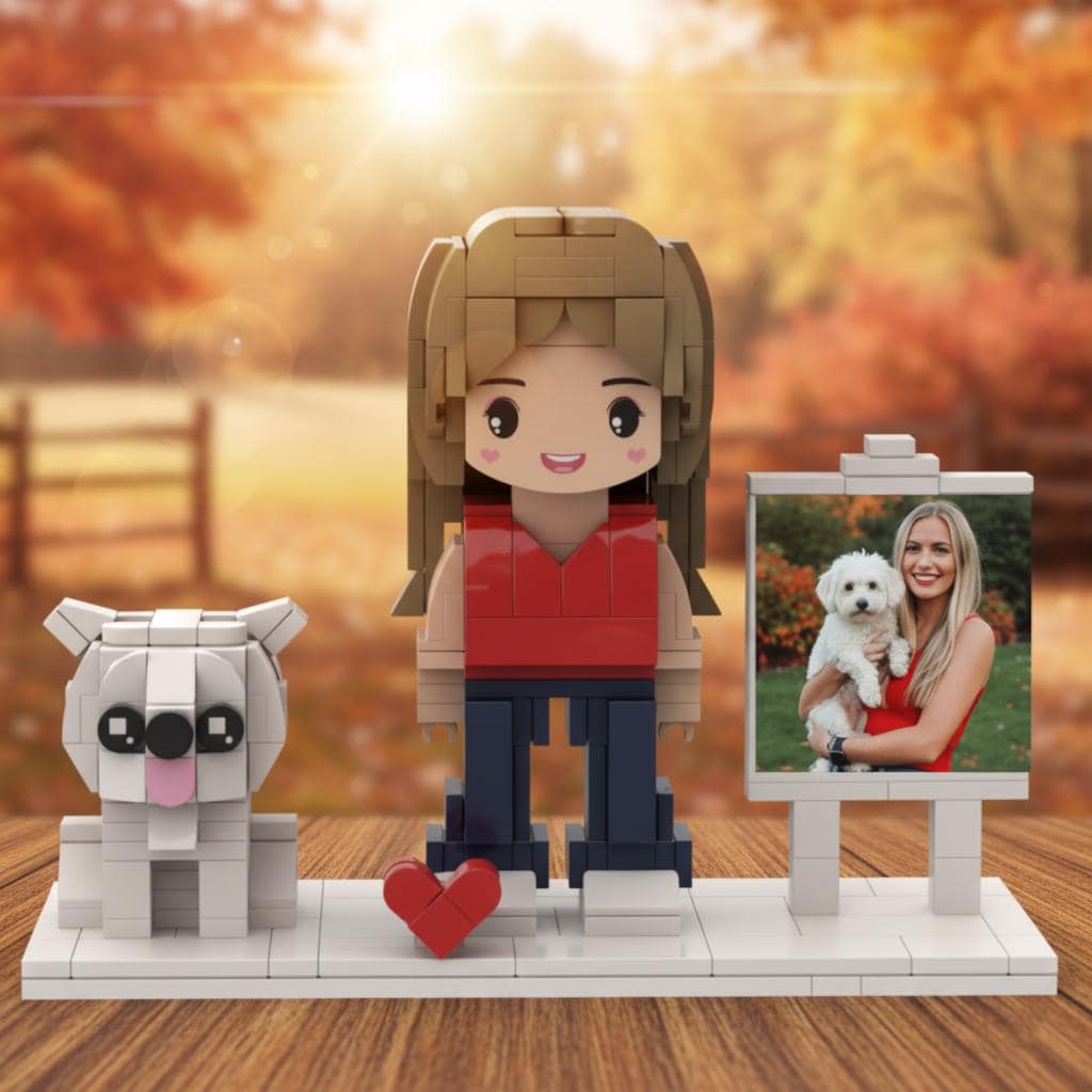 Custom Brick Dog Figurine with Photo Board – Gift for Pet Lovers & Unique Keepsake