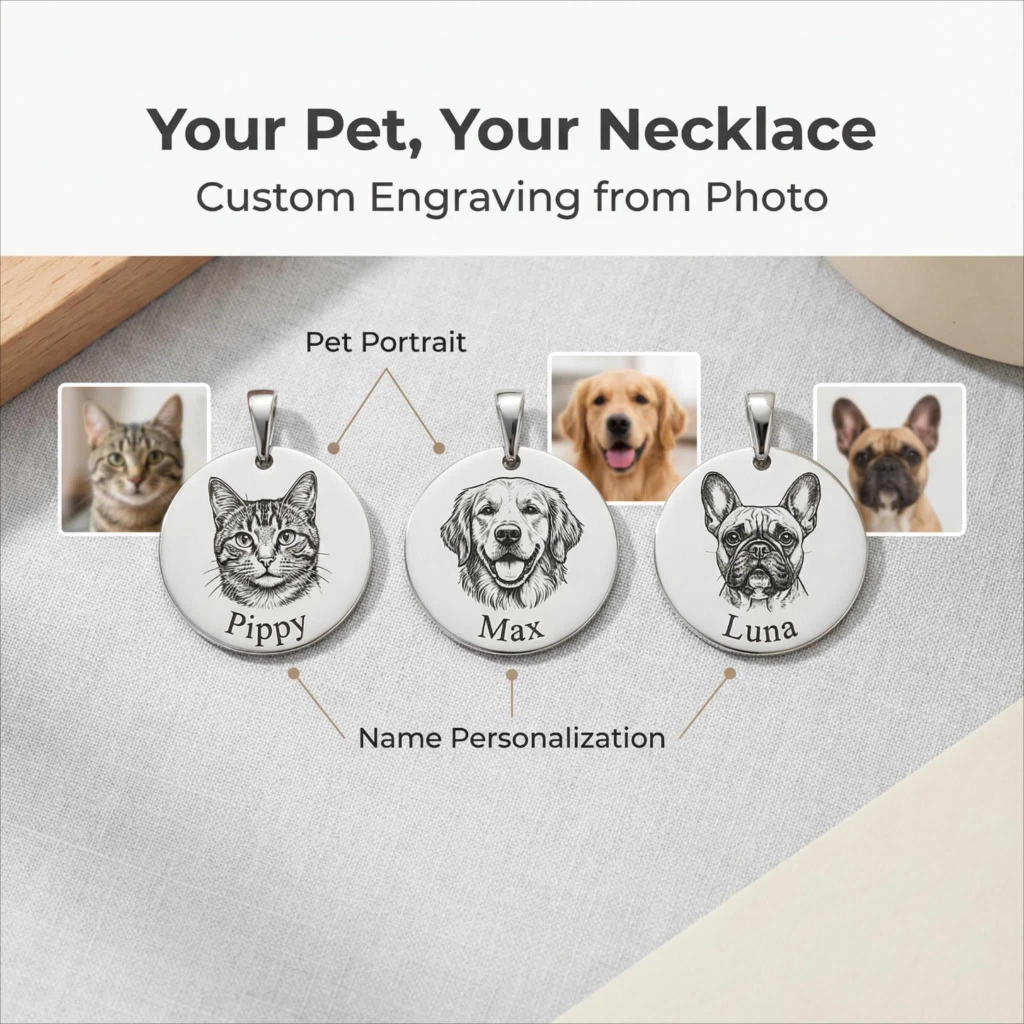 Personalized Pet Portrait Necklace – Engraved Photo Pendant, Memorial Gift for Dog or Cat Lovers
