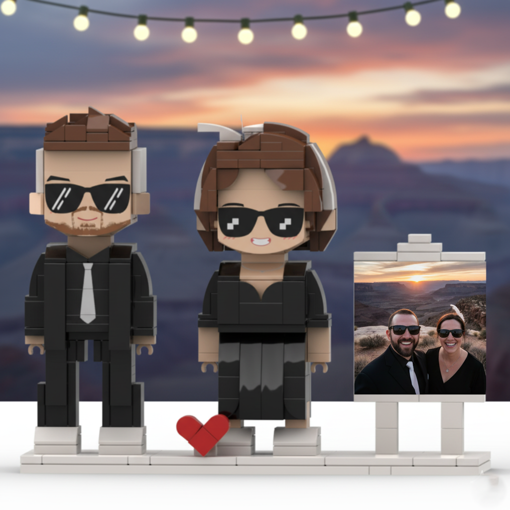 Personalized Brick Couple Figurines with Photo Display - Birthday Valentine Anniversary Gift