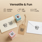 Rubber stamps with dog and cat designs on a wooden surface, labeled for holiday cards, gift tags, and DIY crafts.