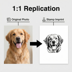 Original photo of a golden retriever and its 1:1 replication as a stamp imprint on a white background.