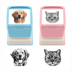 Two square stamps, one blue and one pink, with images of a dog and a cat on top. Below are black and white illustrations of the same dog and cat.