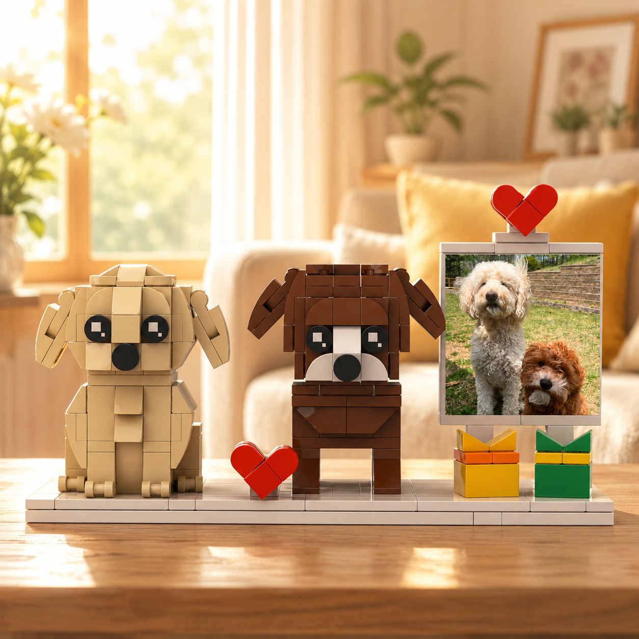 Two dog models on a display stand with a heart and photo frame in a home setting.
