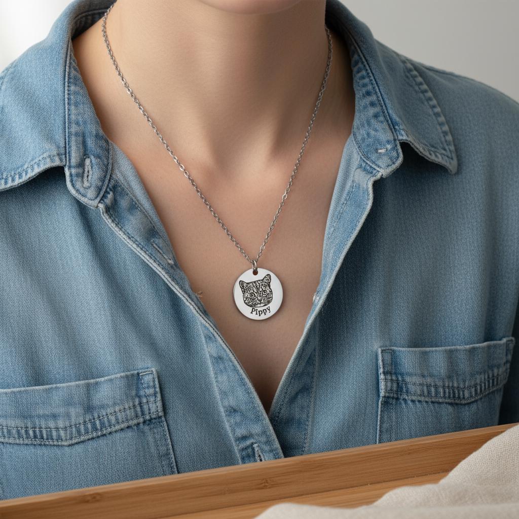 Personalized Pet Portrait Necklace – Engraved Photo Pendant, Memorial Gift for Dog or Cat Lovers