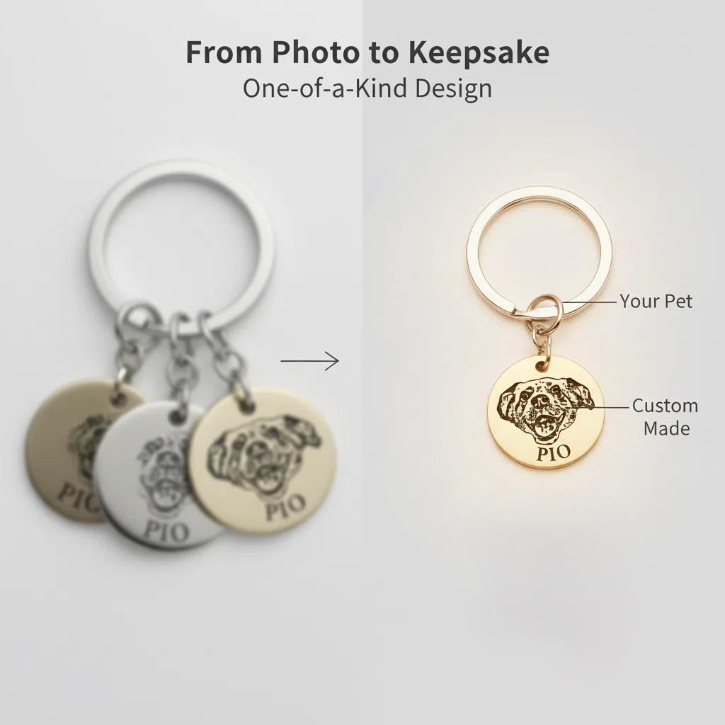 Personalized Pet Keychain – Engraved Portrait, Memorial Gift for Dog or Cat Lovers