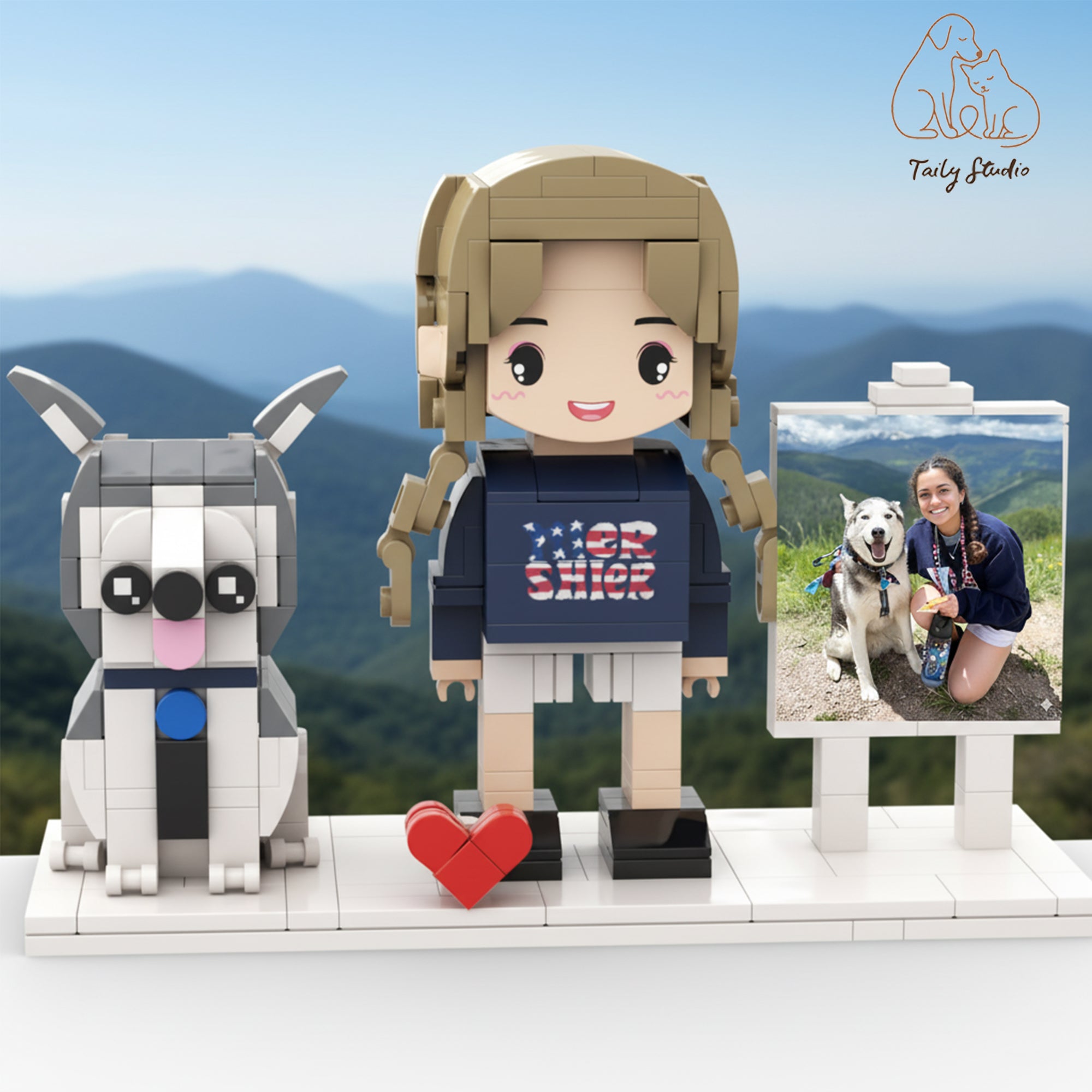 Custom Brick Dog Figurine with Photo Board – Gift for Pet Lovers & Unique Keepsake