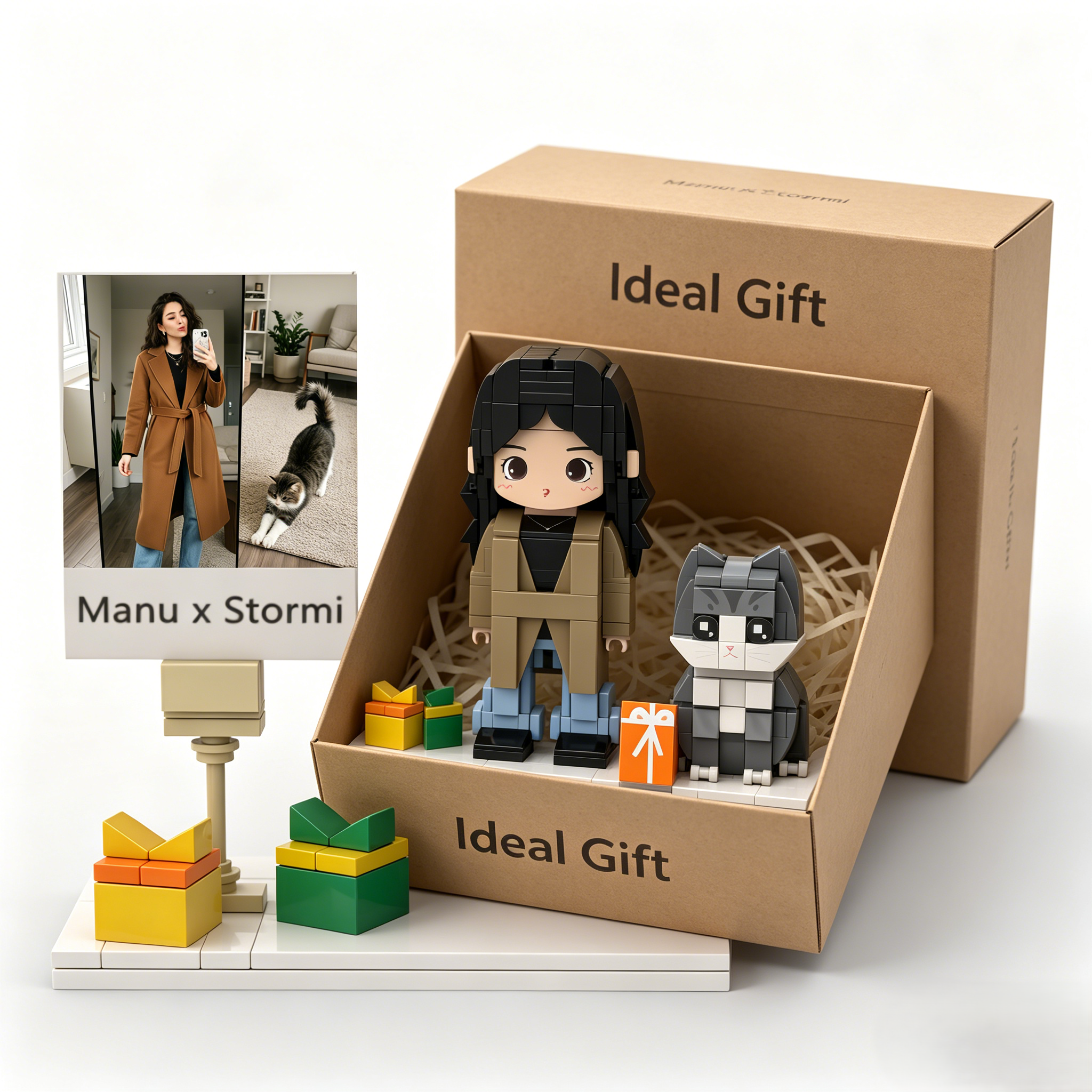 Cardboard box with toy figures and 'Ideal Gift' text, featuring a lifestyle photo of a woman and cat.