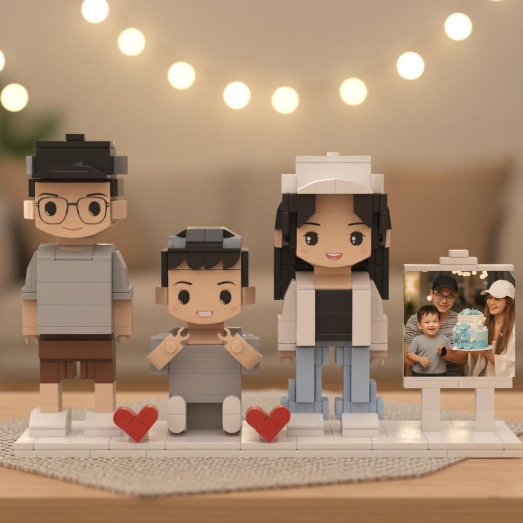 Custom Brick Family Figurines with Photo Board – Unique Keepsake Gift