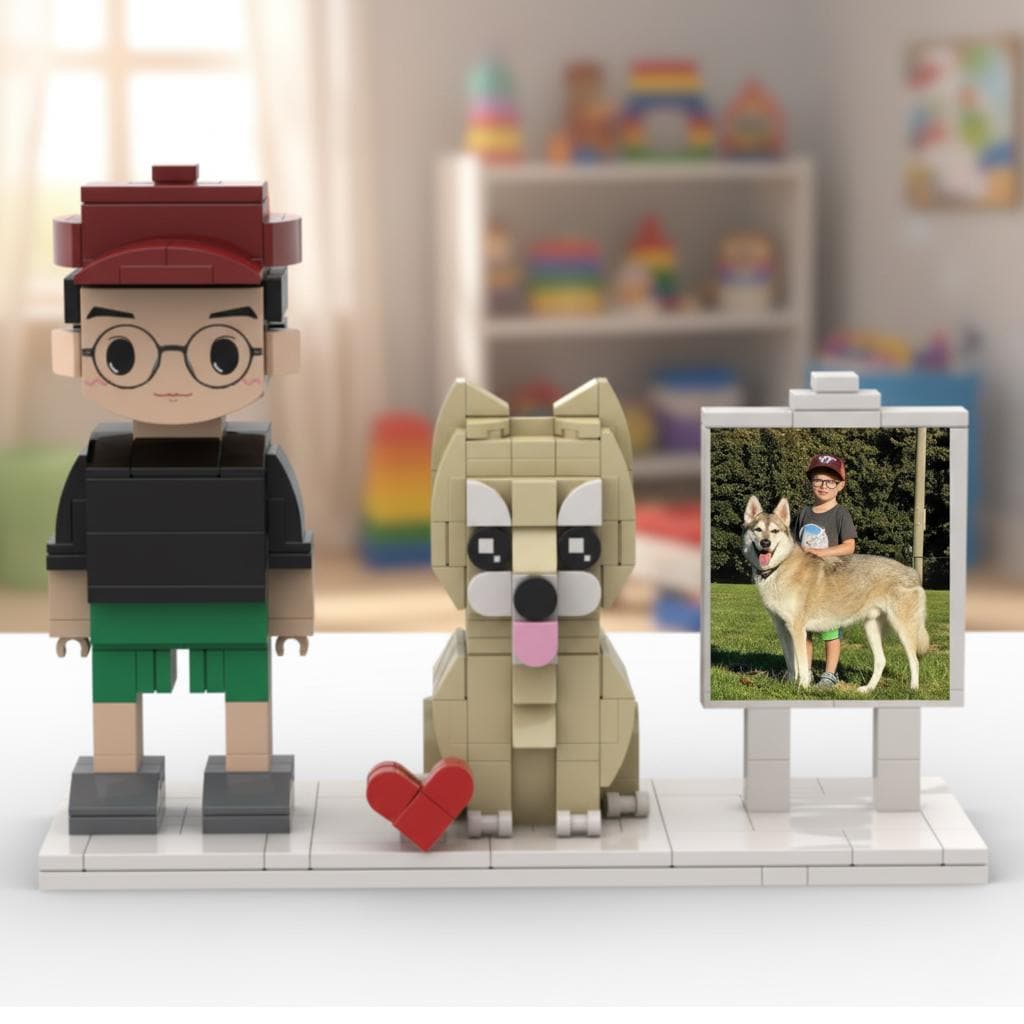 Custom Brick Dog Figurine with Photo Board – Gift for Pet Lovers & Unique Keepsake
