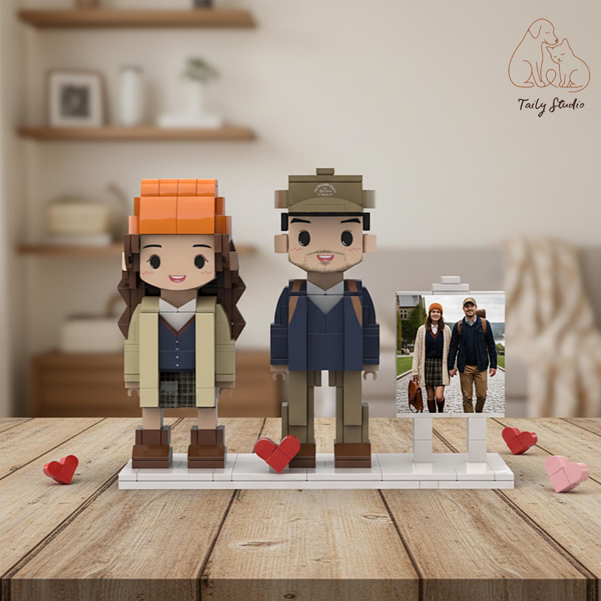 Personalized Brick Couple Figurines with Photo Display - Birthday Valentine Anniversary Gift