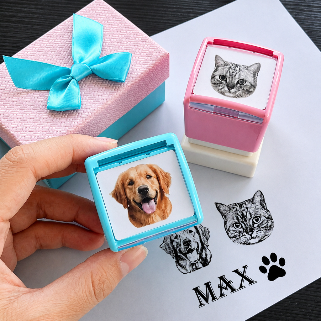 Personalized pet stamps with images of a dog and a cat, held by a hand, on a white surface with a pink gift box.