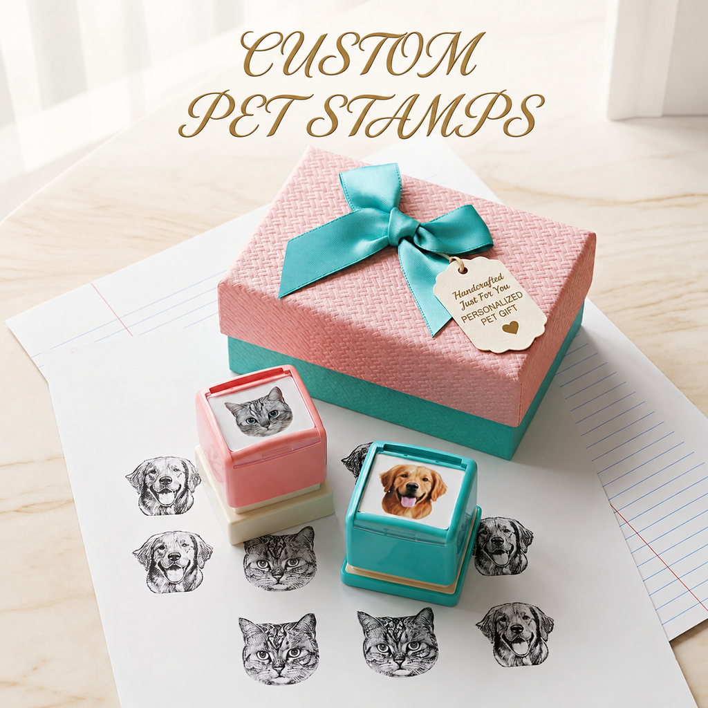 Custom pet stamps with a pink and blue box on a wooden surface