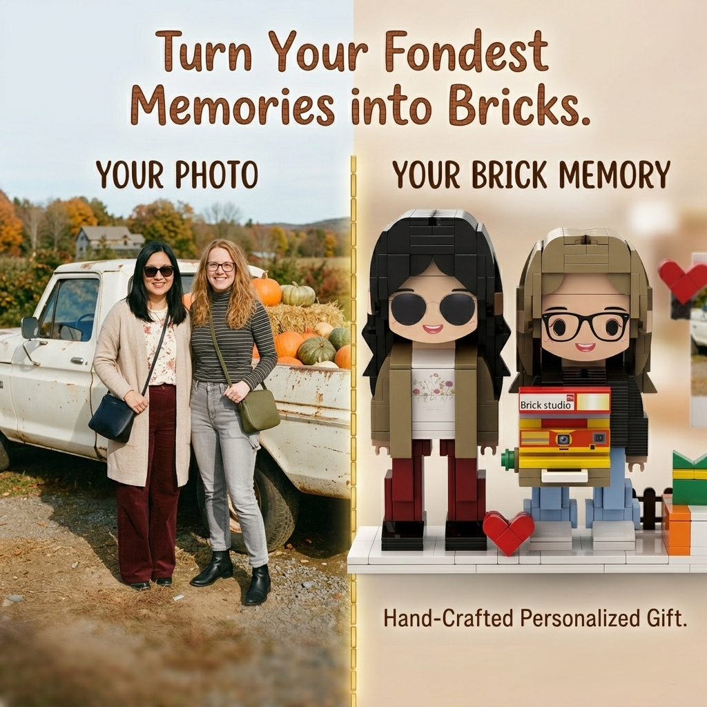 Personalized Brick Couple Figurines with Photo Display - Birthday Valentine Anniversary Gift