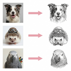Before and after illustration of a dog, hedgehog, and parrot with added details.