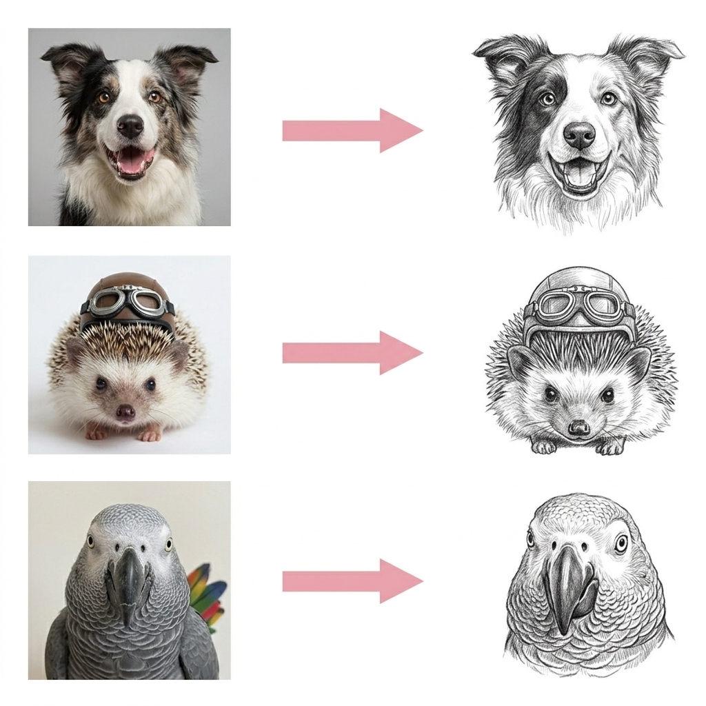 Before and after illustration of a dog, hedgehog, and parrot with added details.