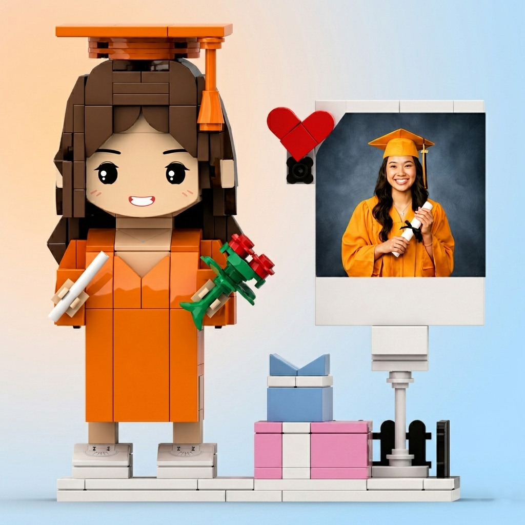 Graduation-themed figure with a portrait of a real person in a graduation gown.

