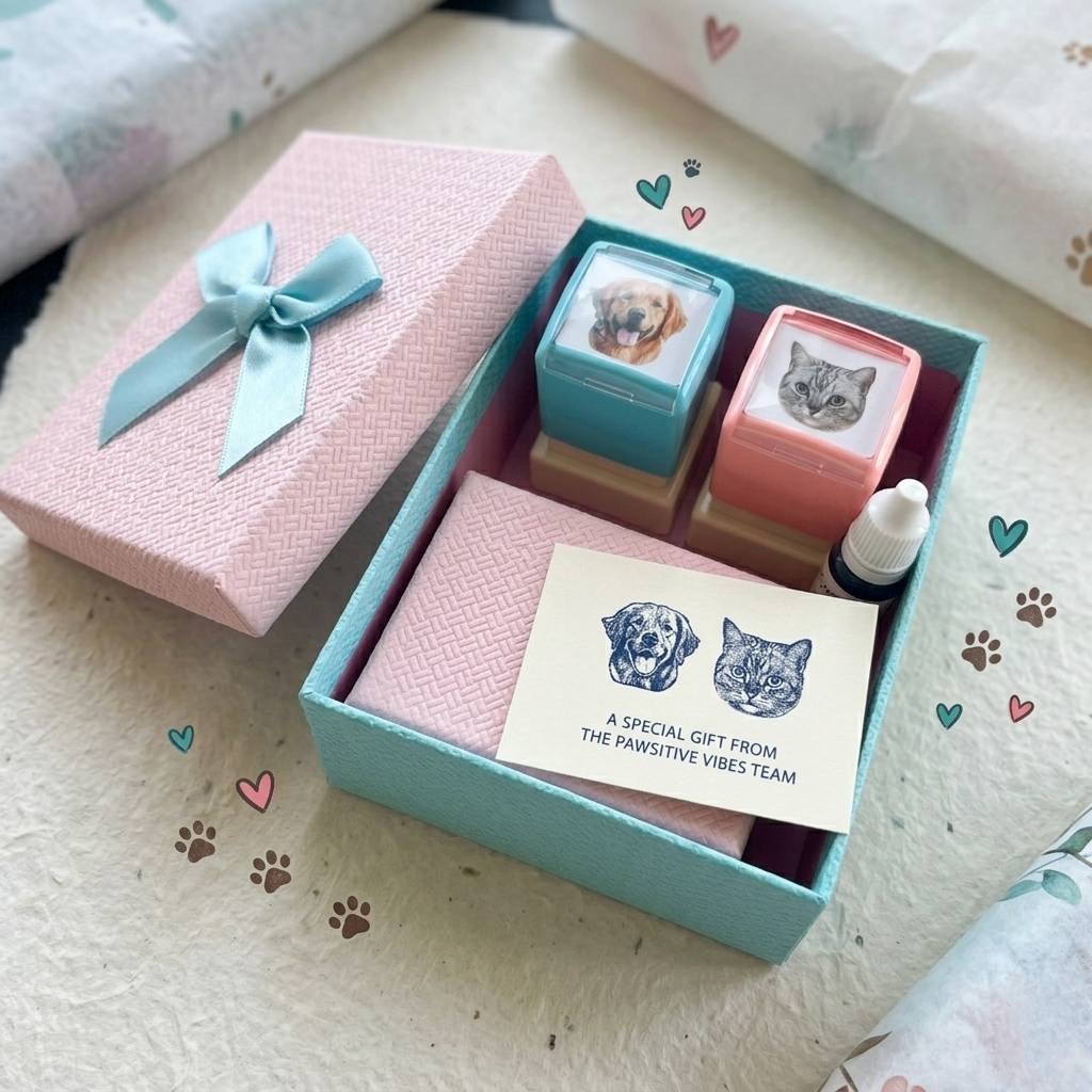 Gift set with dog and cat stamps in a pink and blue box on a patterned surface.