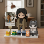 Brick-built figure of a person and a cat 