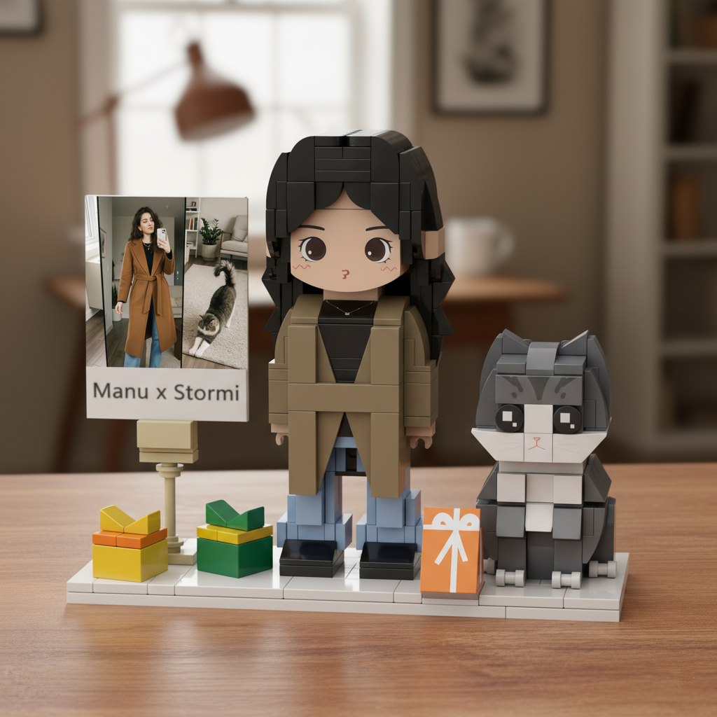 Brick-built figure of a person and a cat 