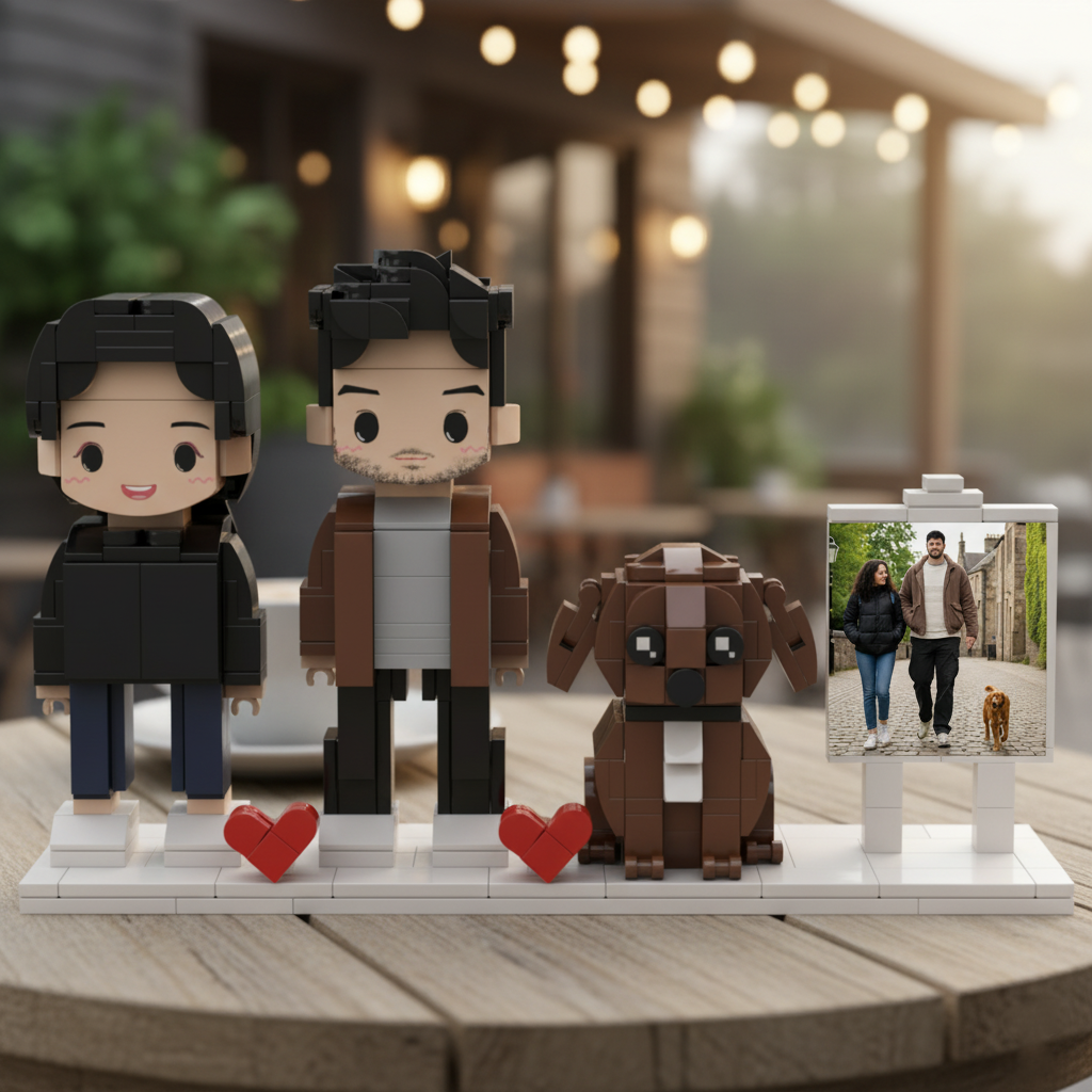 Personalized Brick Couple Figurines with Photo Display - Birthday Valentine Anniversary Gift