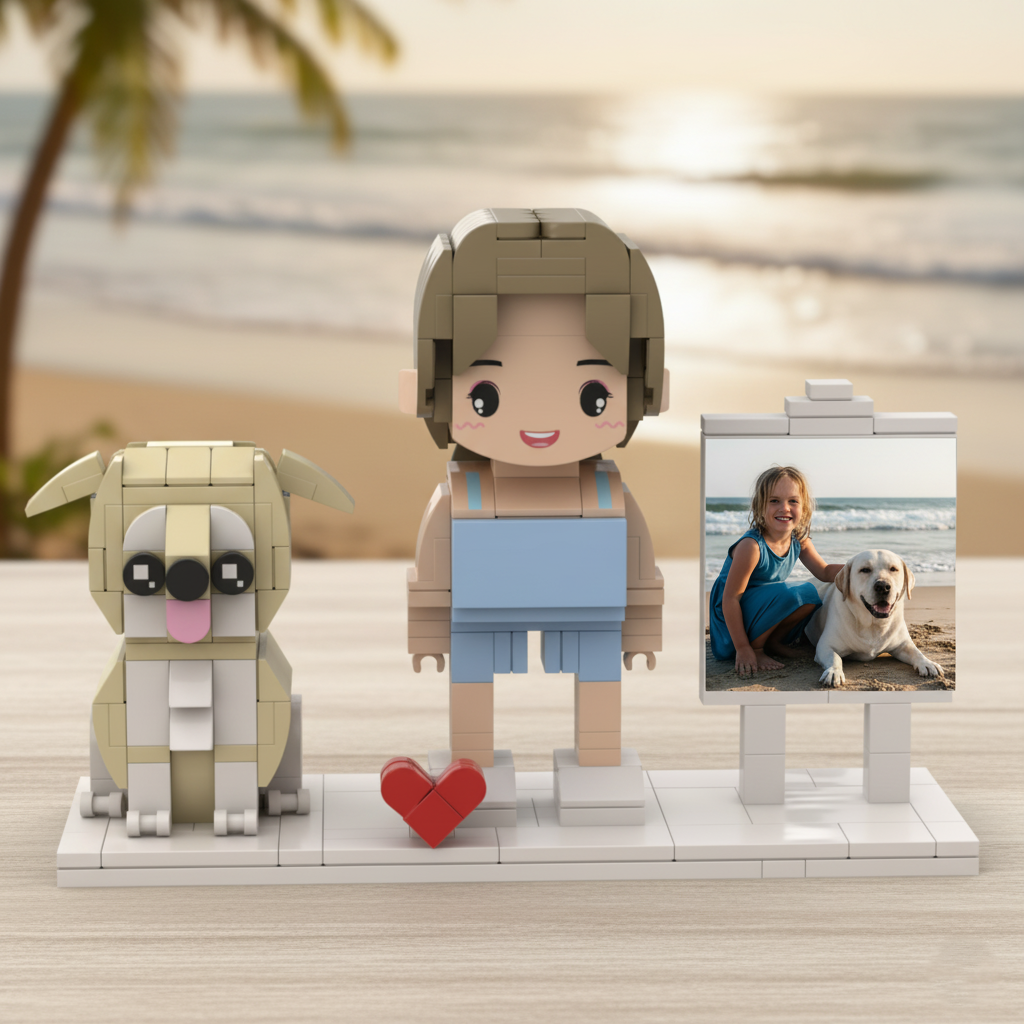 Custom Brick Dog Figurine with Photo Board – Gift for Pet Lovers & Unique Keepsake