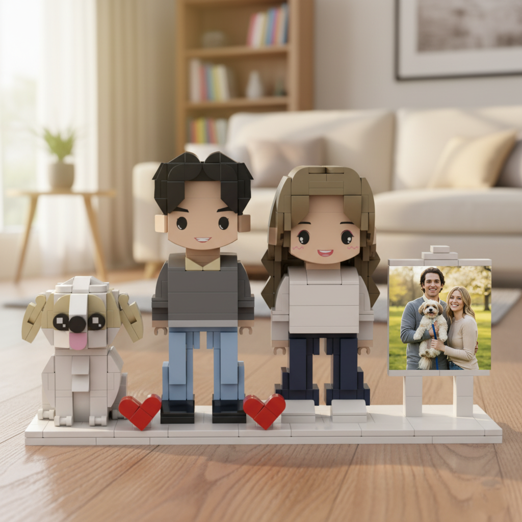 Custom Brick Dog Figurine with Photo Board – Gift for Pet Lovers & Unique Keepsake