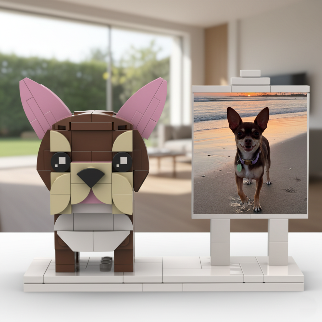 Custom Brick Dog Figurine with Photo Board – Gift for Pet Lovers & Unique Keepsake