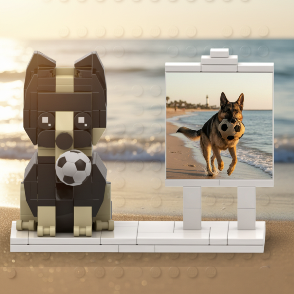 Toy dog figure with a soccer ball next to a photo of a real dog on a beach.