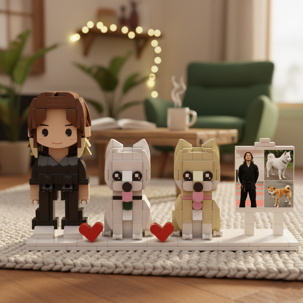 Custom Brick Dog Figurine with Photo Board – Gift for Pet Lovers & Unique Keepsake