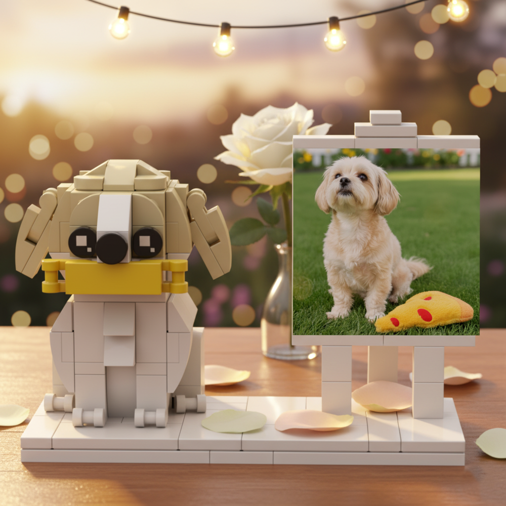 Custom Brick Dog Figurine with Photo Board – Gift for Pet Lovers & Unique Keepsake