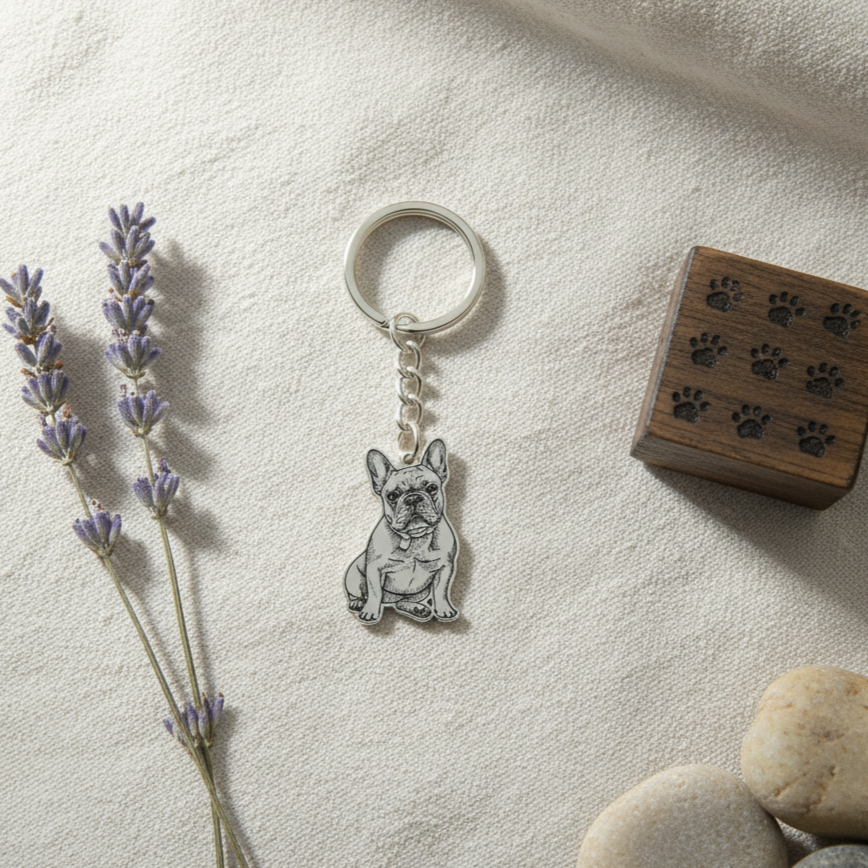 Custom Pet Portrait Keychain, Engraved Pet Memorial Keepsake