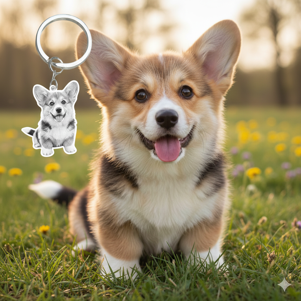 Custom Pet Portrait Keychain, Engraved Pet Memorial Keepsake