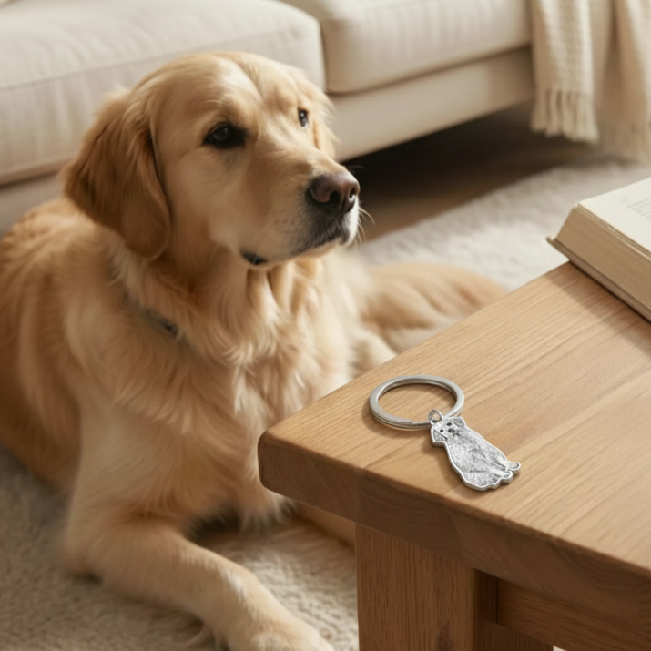 Custom Pet Portrait Keychain, Engraved Pet Memorial Keepsake