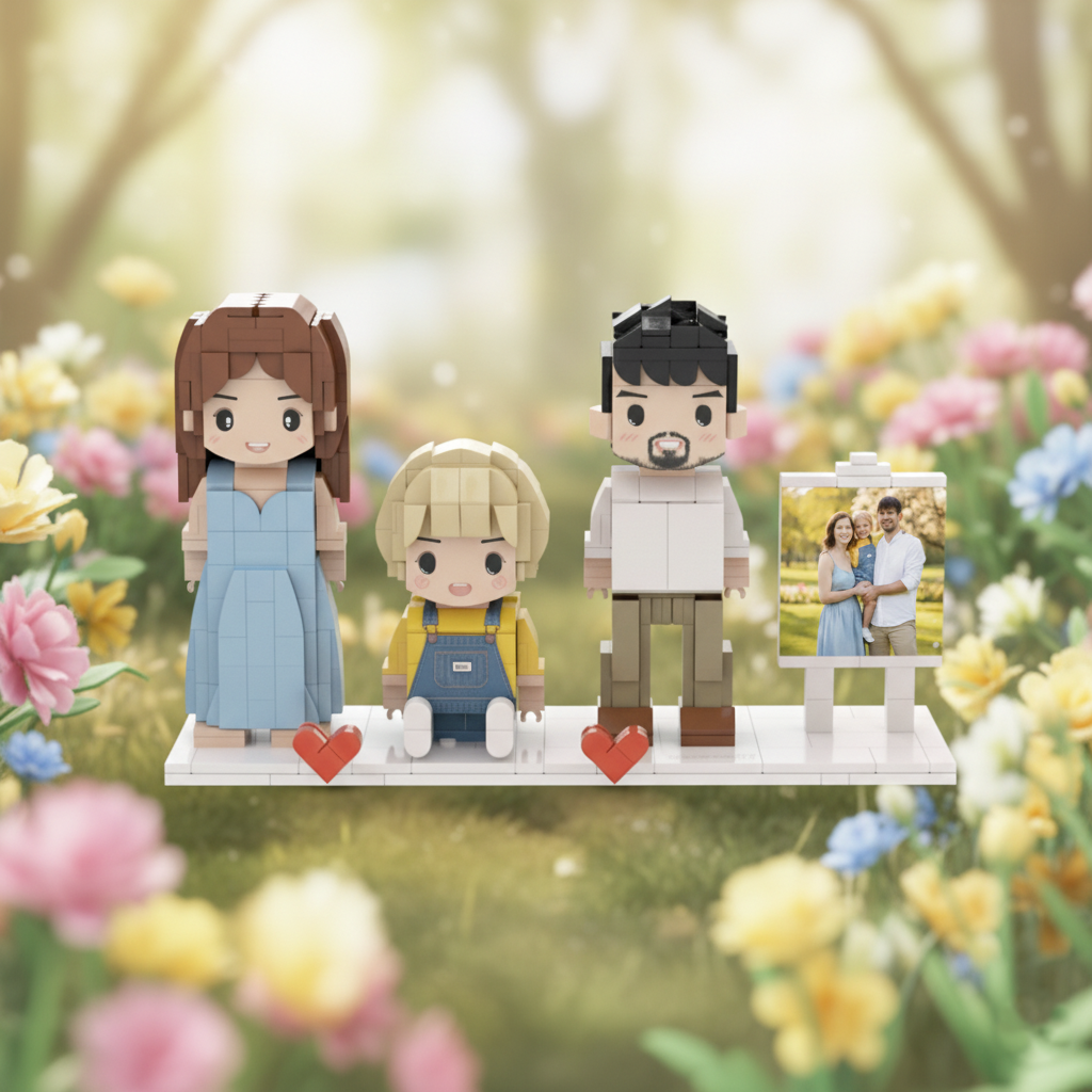 Custom Brick Family Figurines with Photo Board – Unique Keepsake Gift