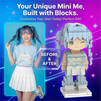 Person with blue hair and a block-built figure of themselves, with text 'Your Unique Mini Me, Built with Blocks.'