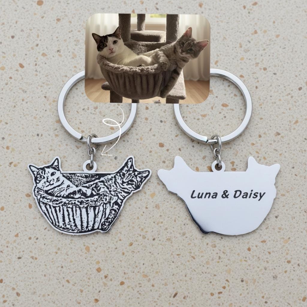 Custom Pet Portrait Keychain, Engraved Pet Memorial Keepsake
