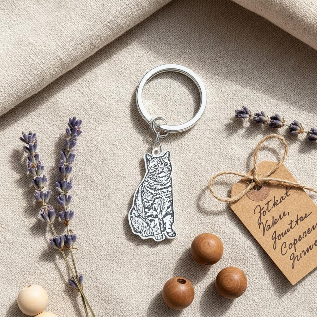 Custom Pet Portrait Keychain, Engraved Pet Memorial Keepsake