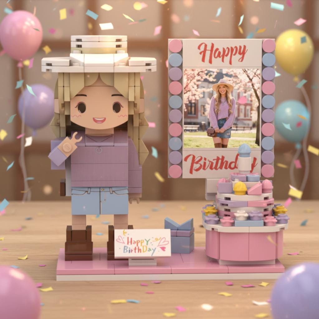 Custom Brick Figurine with Photo Display – Personalized Birthday Gift