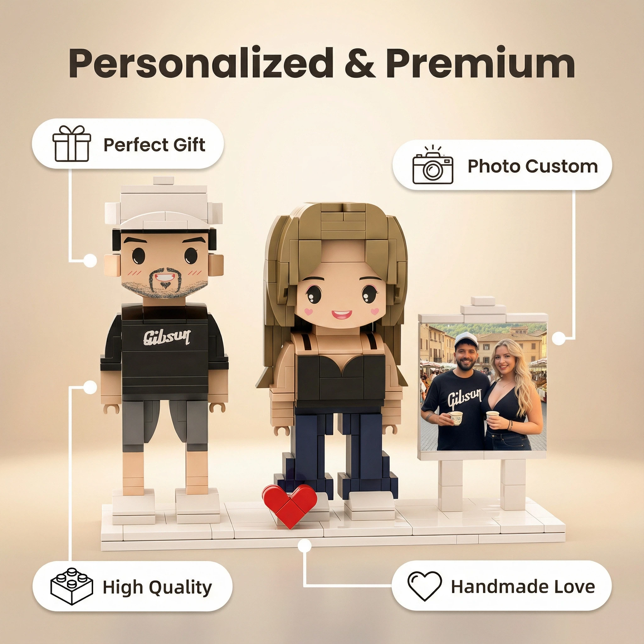 Personalized Brick Couple Figurines with Photo Display - Birthday Valentine Anniversary Gift