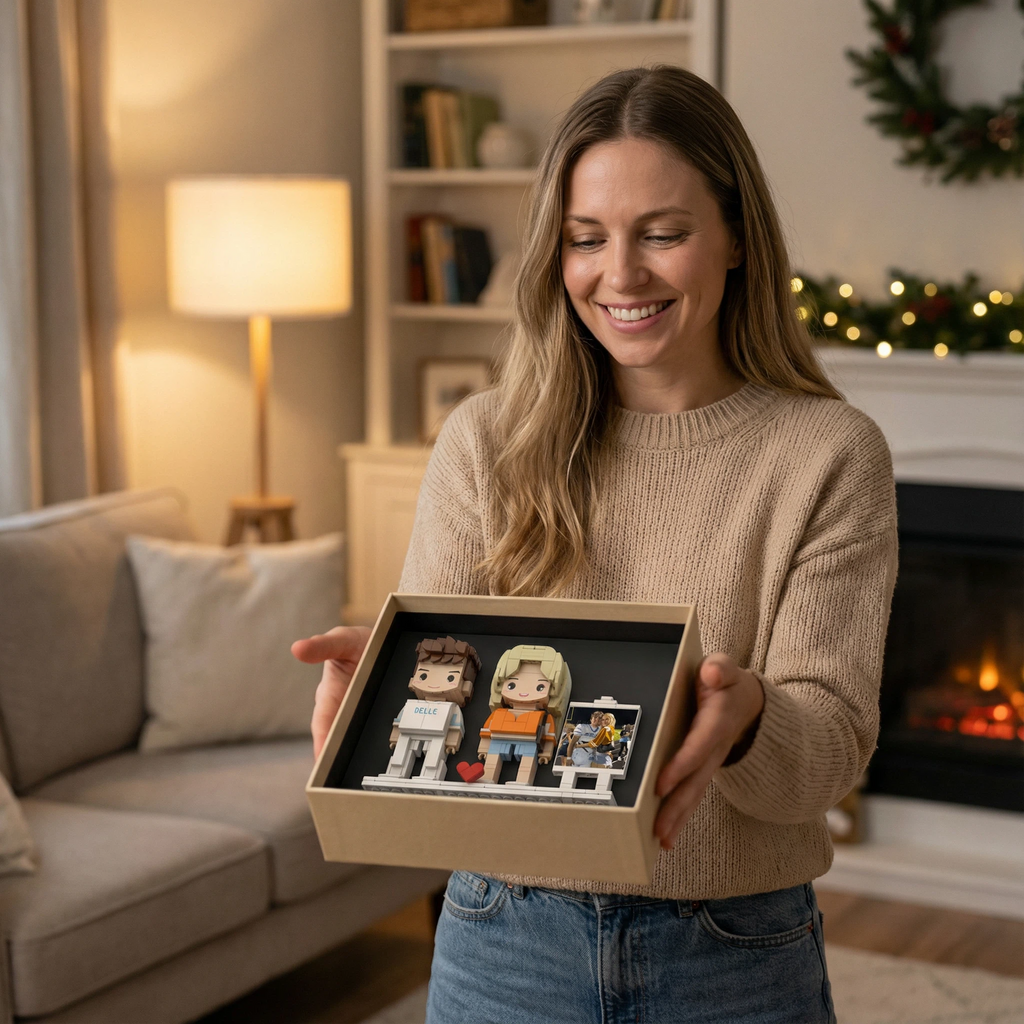 Personalized Brick Couple Figurines with Photo Display - Birthday Valentine Anniversary Gift