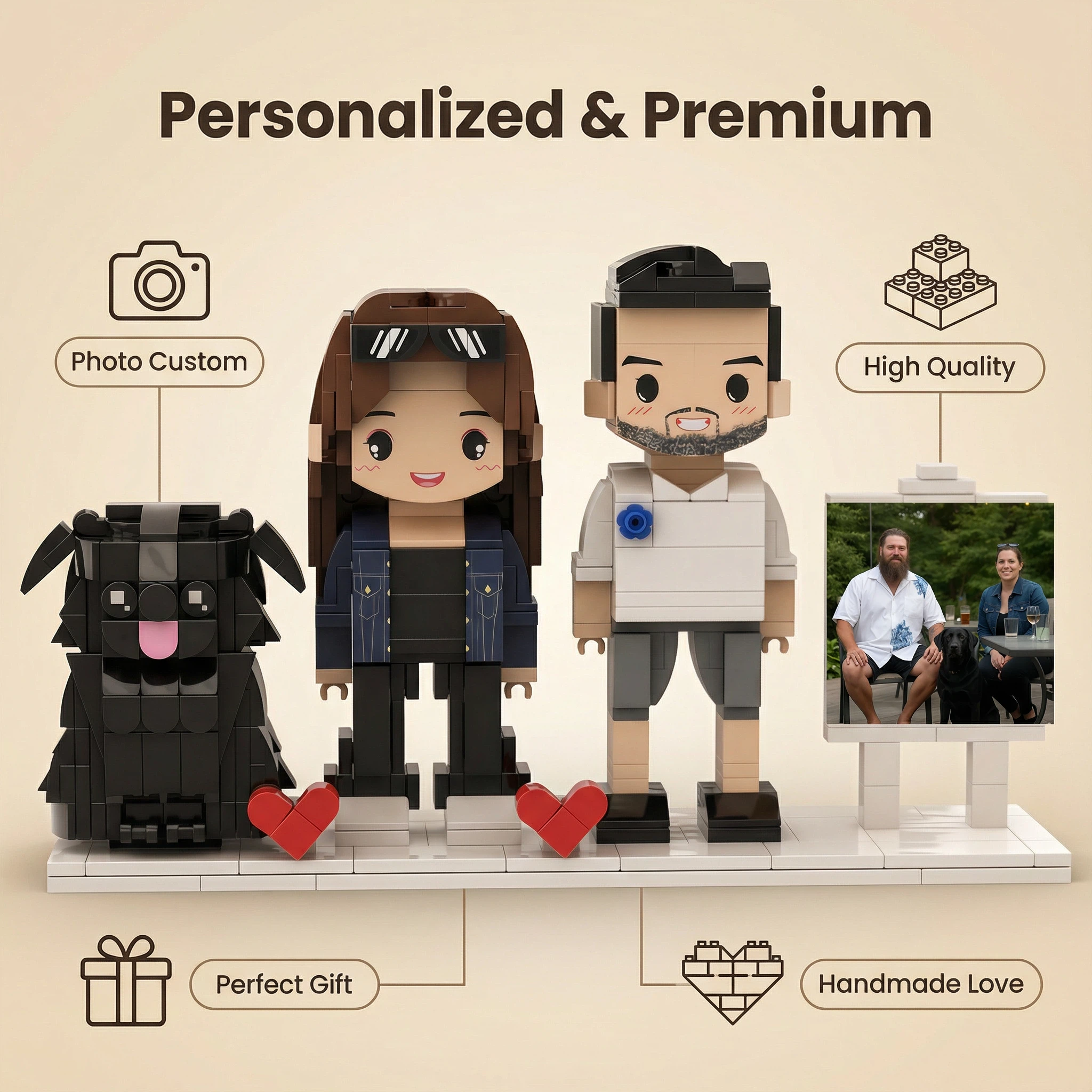 Personalized Brick Couple Figurines with Photo Display - Birthday Valentine Anniversary Gift