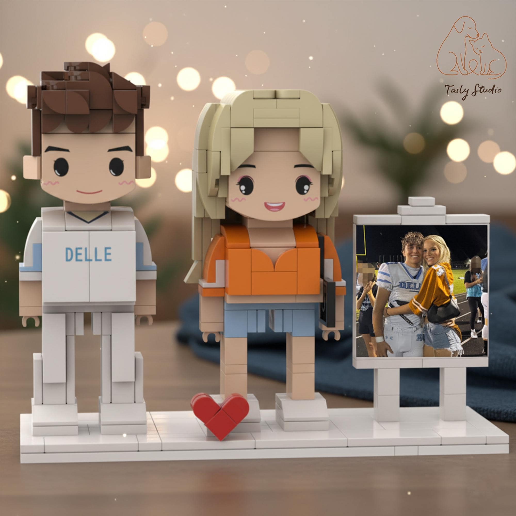 Personalized Brick Couple Figurines with Photo Display - Birthday Valentine Anniversary Gift