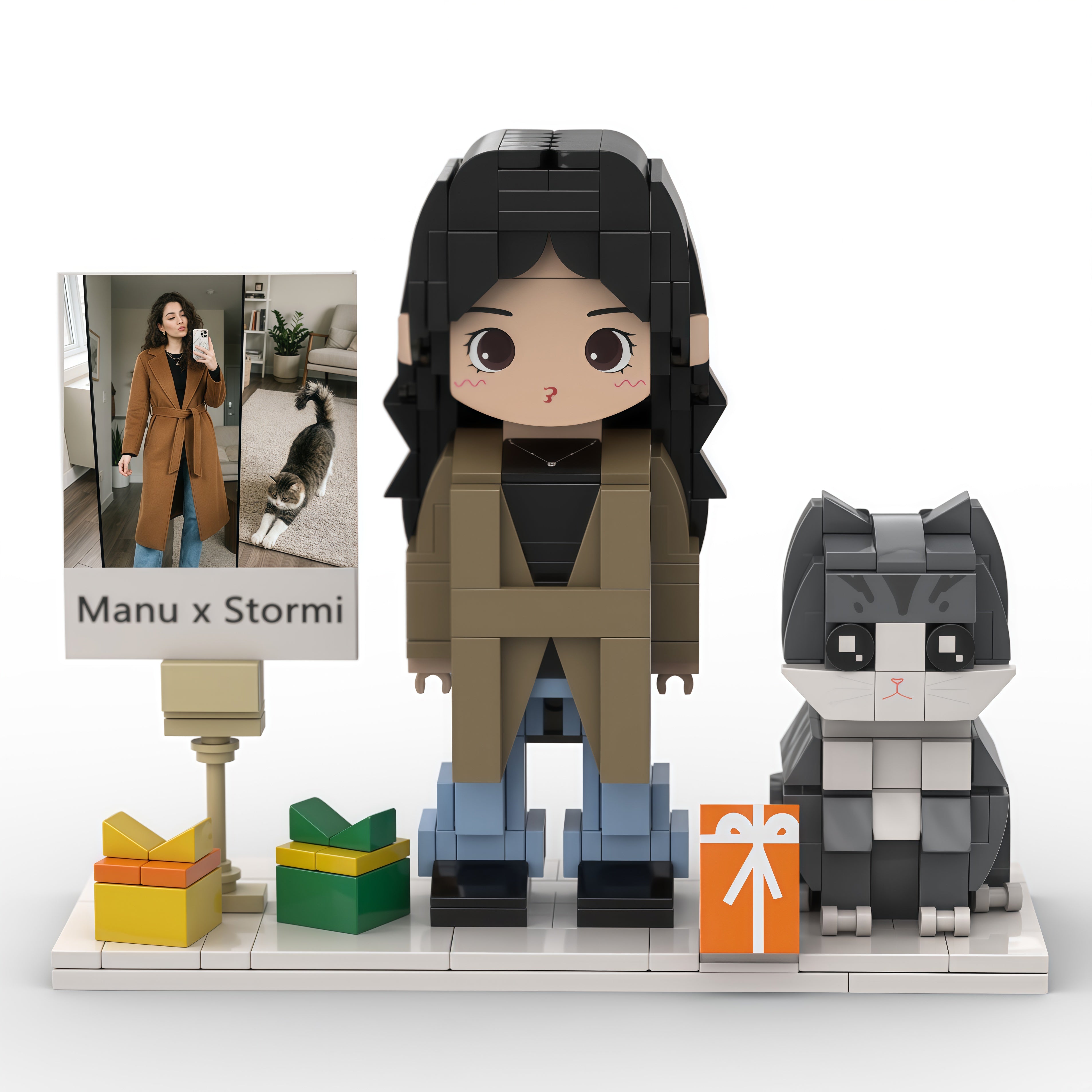 Personalized Brick Couple Figurines with Photo Display - Birthday Valentine Anniversary Gift