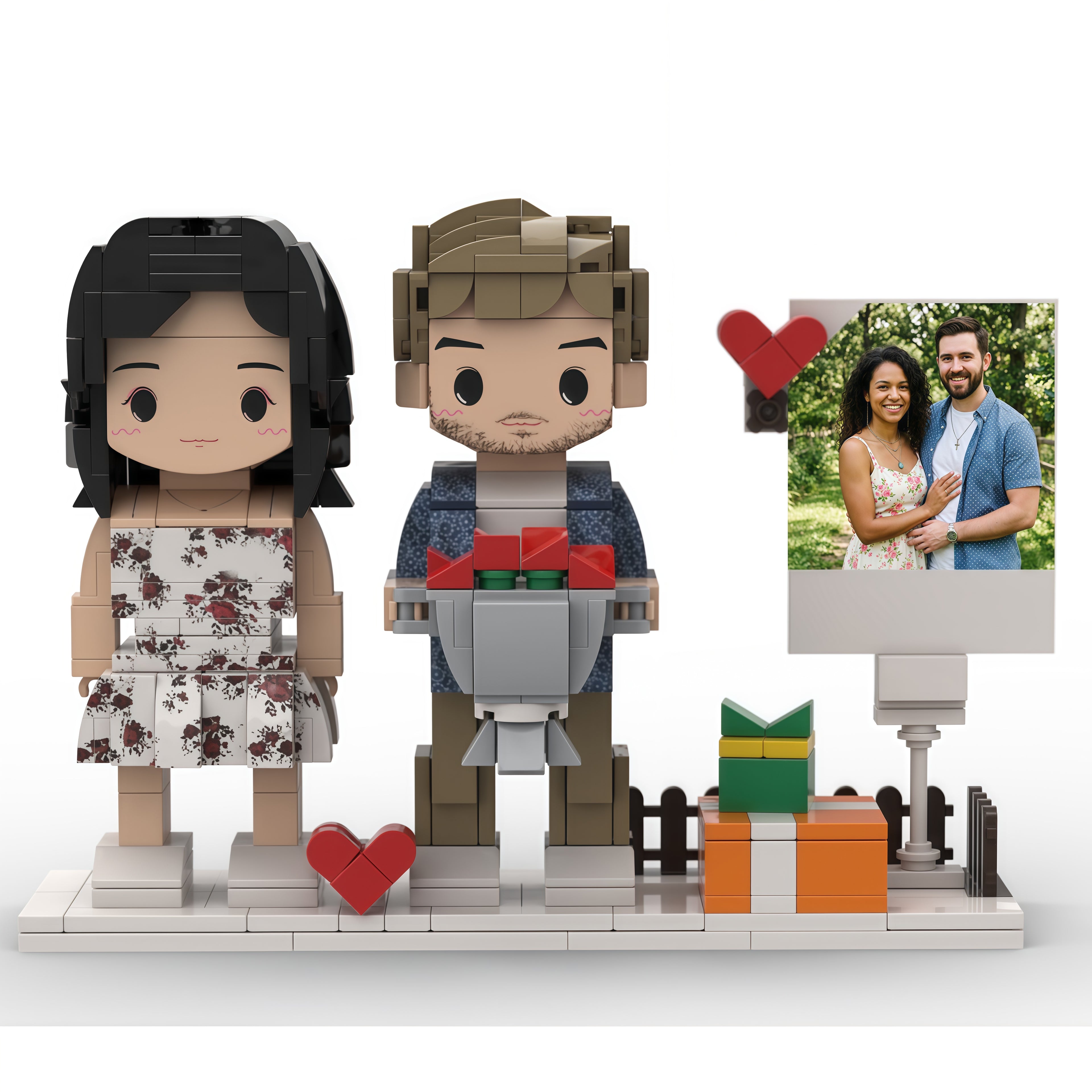 Brick figure of a couple with a heart and a photo frame on a white background