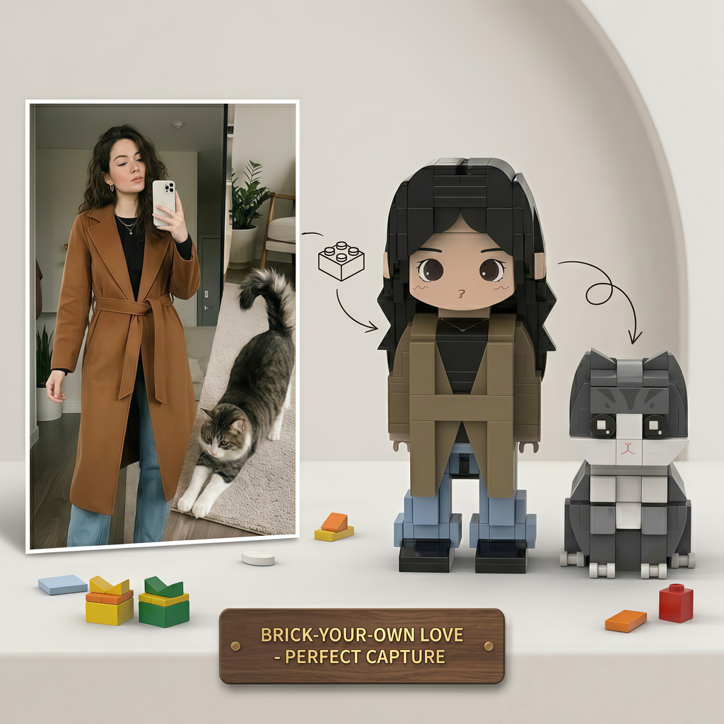 Person taking a selfie with a cat, followed by a display of  figures of the person and cat.
