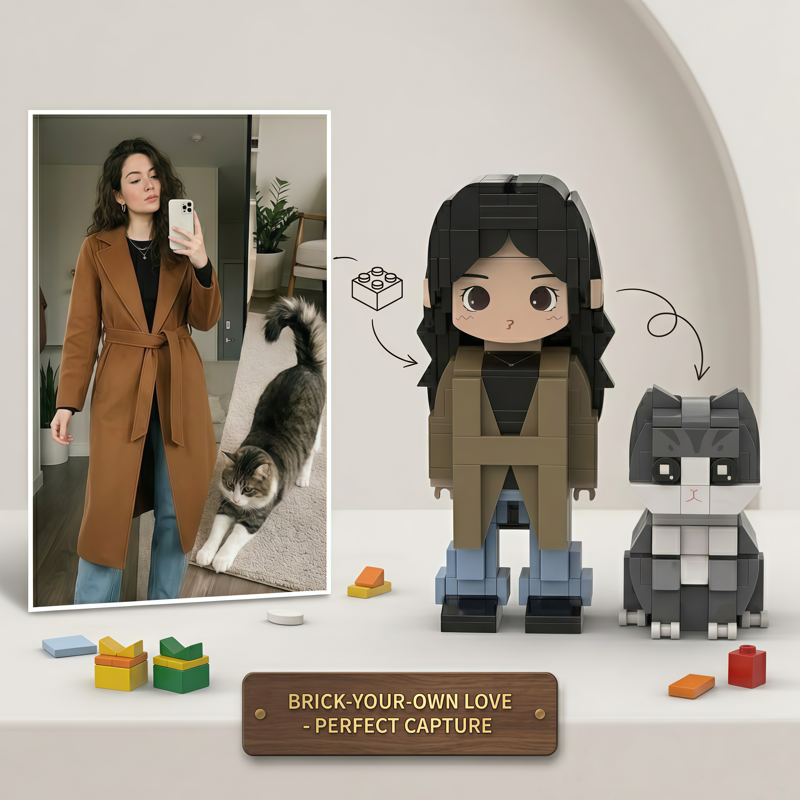 Person taking a selfie with a cat, followed by a display of  figures of the person and cat.