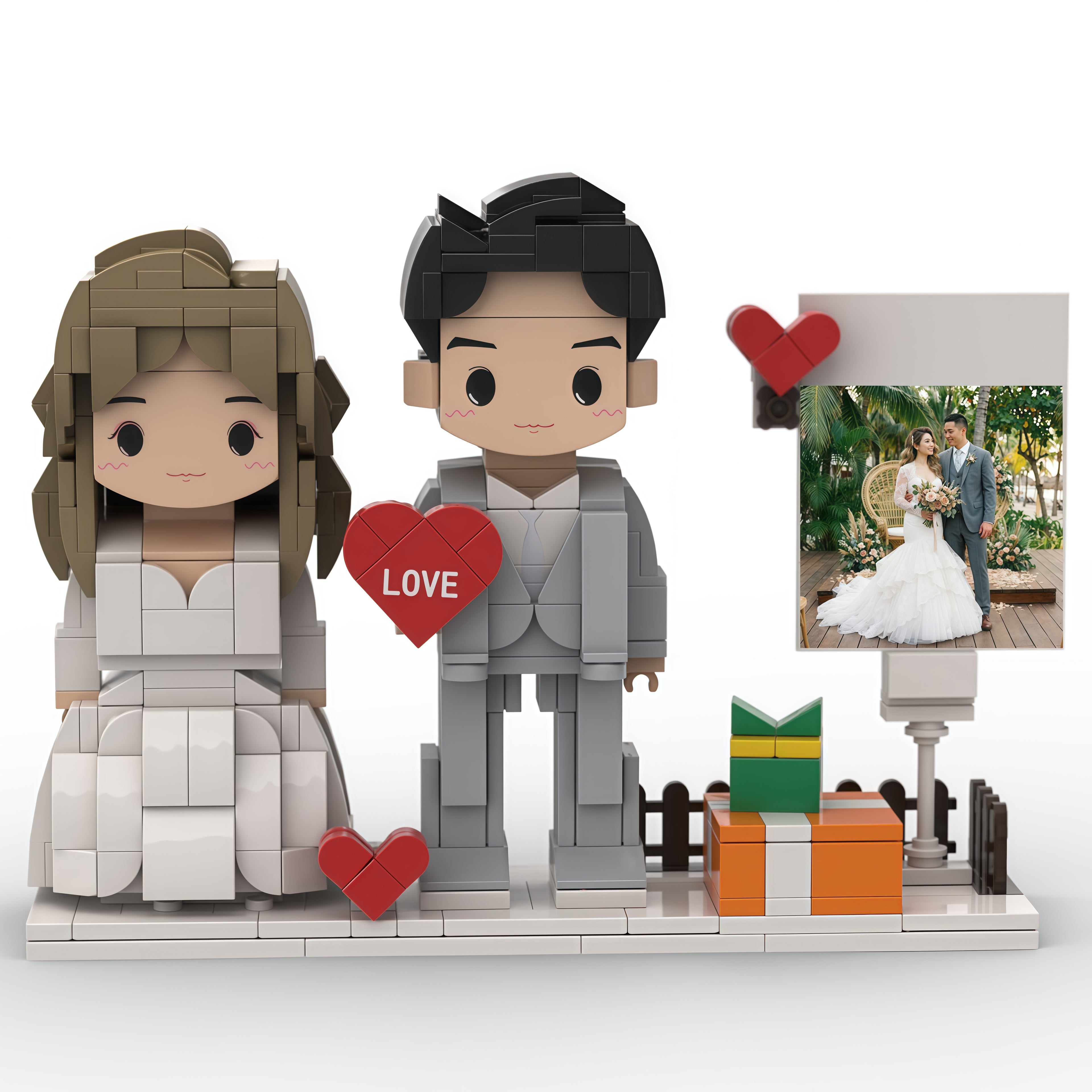 Personalized Brick Couple Figurines with Photo Display - Birthday Valentine Anniversary Gift